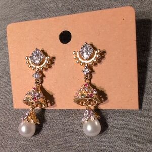 Jhumka Indian Gemstone Diamond Pearl Earrings